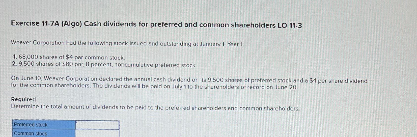  Exercise 11-7A (Algo) Cash dividends for preferred and common shareholders LO