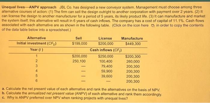  Unequal lives - ANPV approach JBL Co. has designed a new