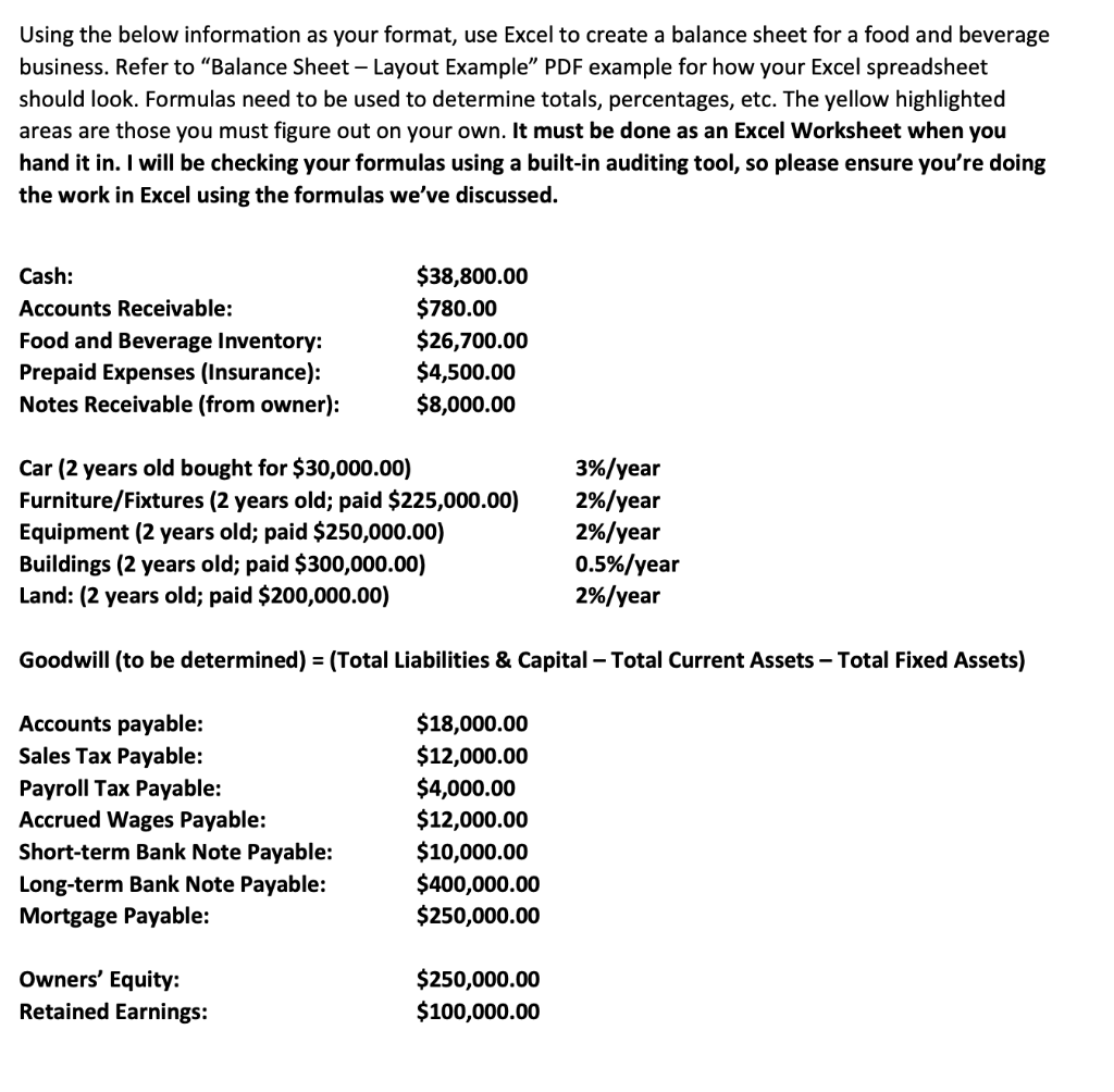  Using the below information as your format, use Excel to create