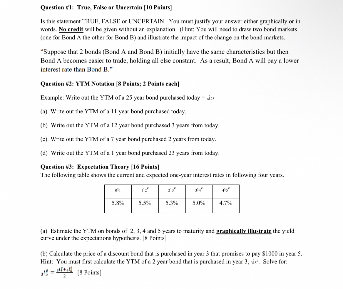  Question #1: True, False or Uncertain [10 Points] Is this statement