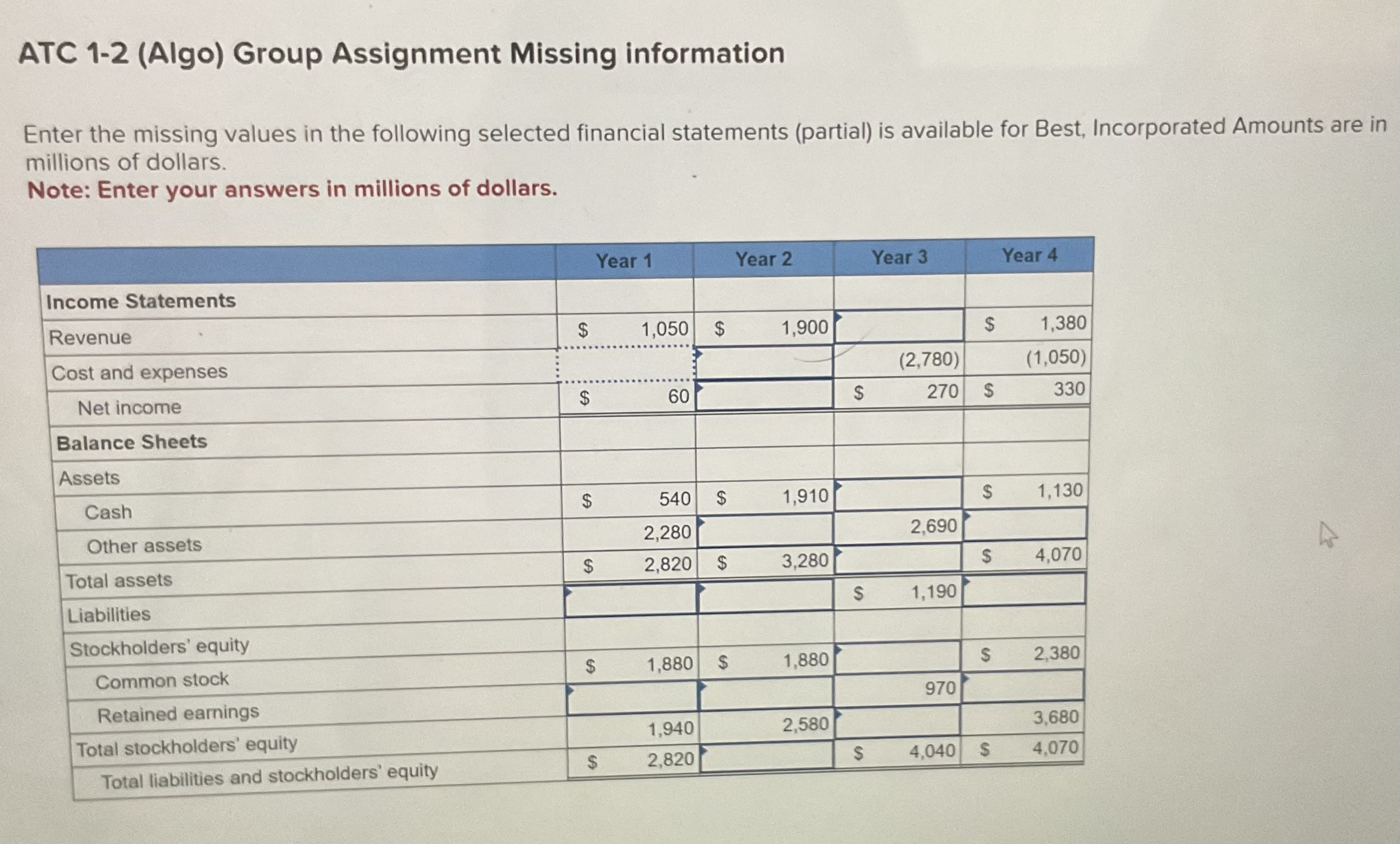 ATC 1-2 (Algo) Group Assignment Missing information Enter the missing values in