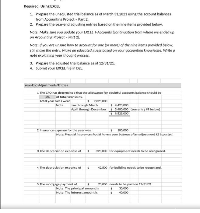  Required: Using EXCEL 1. Prepare the unadjusted trial balance as of