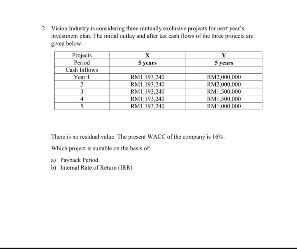  2. Vision Industry is considering three mutually exclusive projects for next
