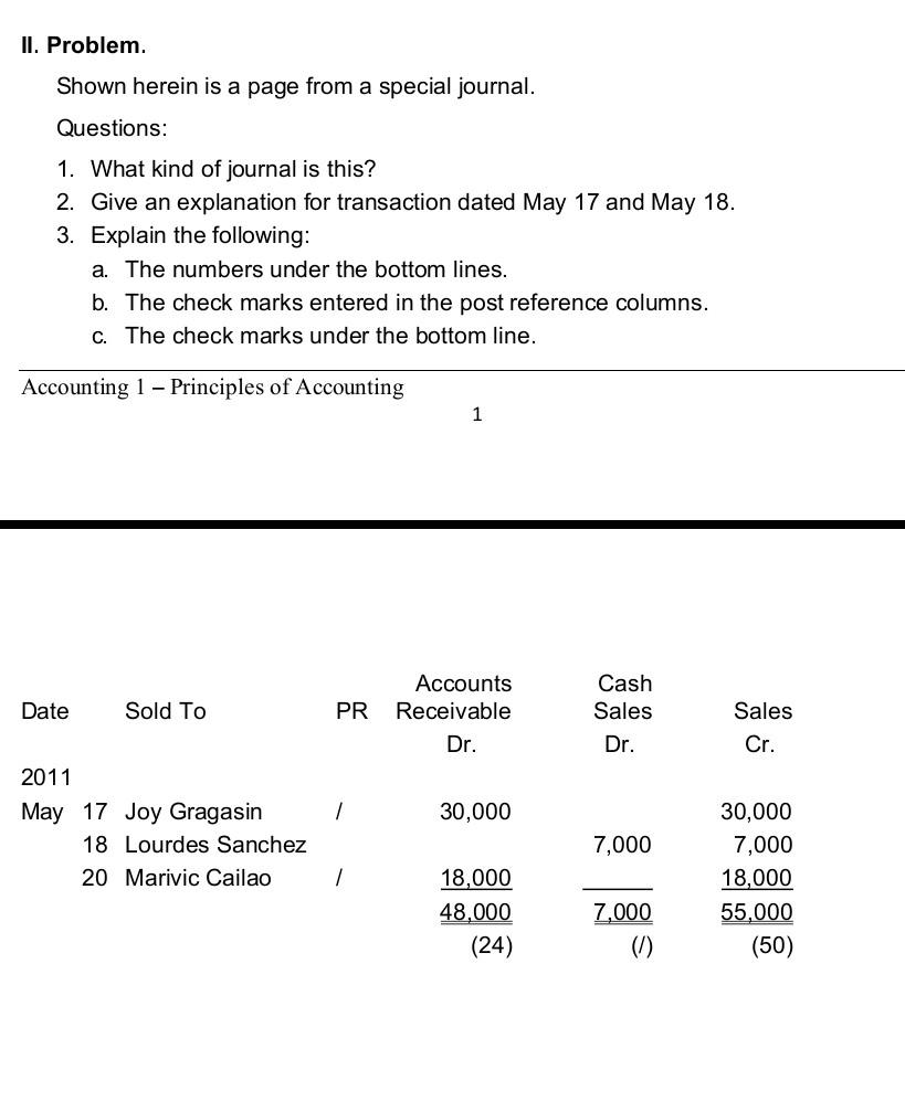 II. Problem. Shown herein is a page from a special journal.