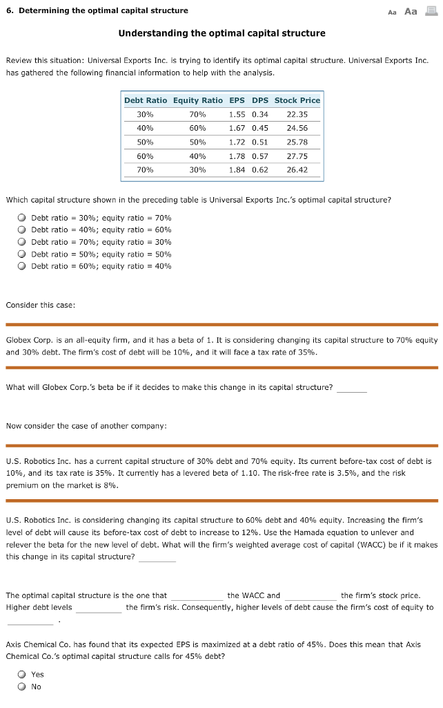  6. Determining the optimal capital structure Aa Understanding the optimal capital