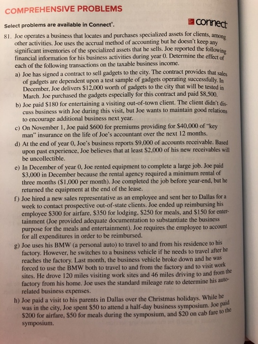  COMPREHENSIVE PROBLEMS Select problems are available in Connect 81. Joe operates