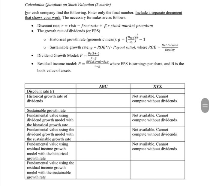 two stocks for two companies; ABC and XYZ companies. The relevant data