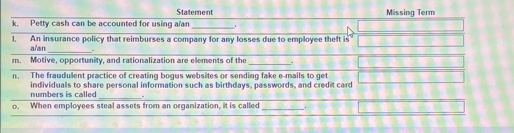  Statement Missing Term k. Petty cash can be accounted for using