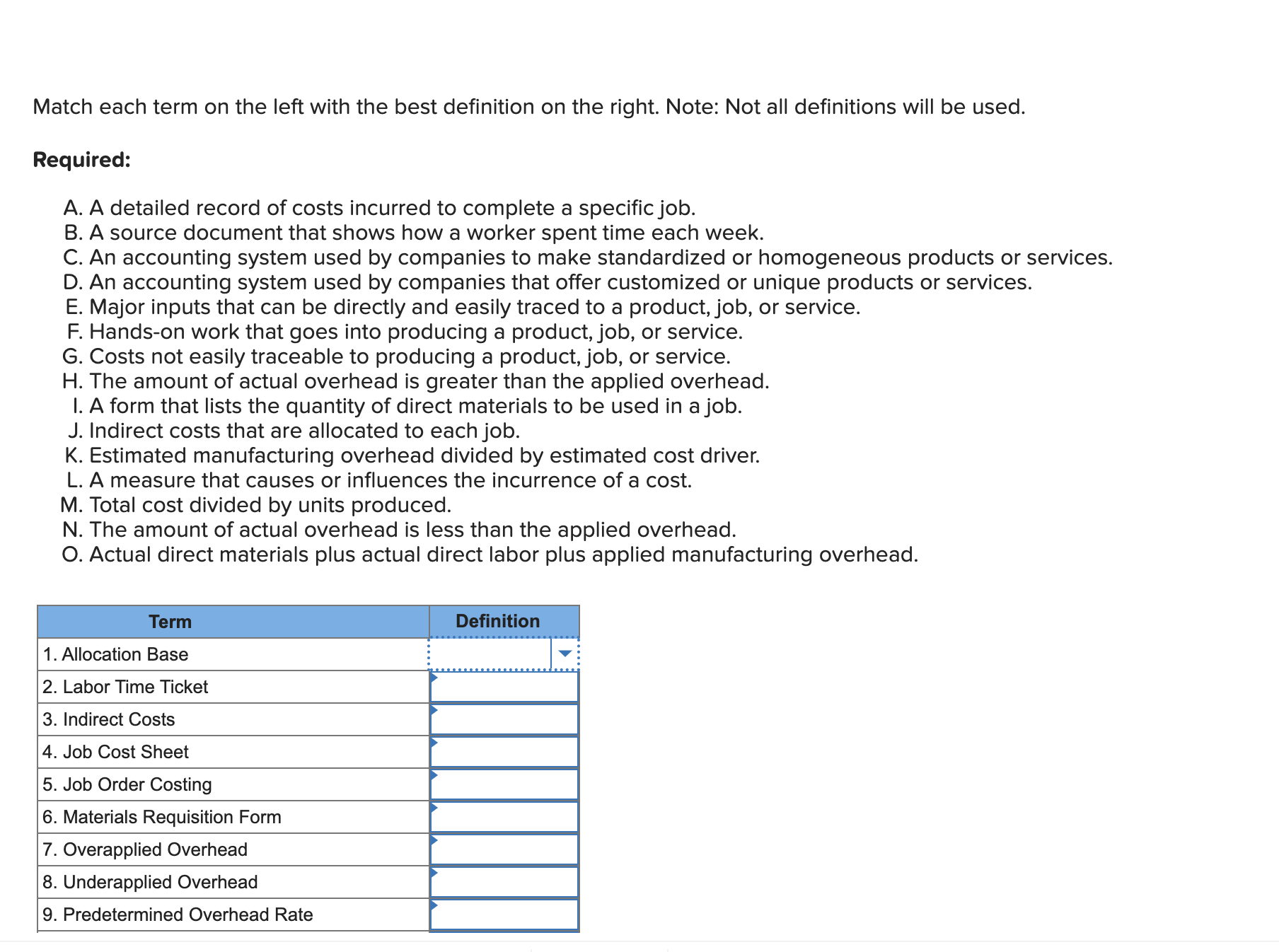 Match each term on the left with the best definition on