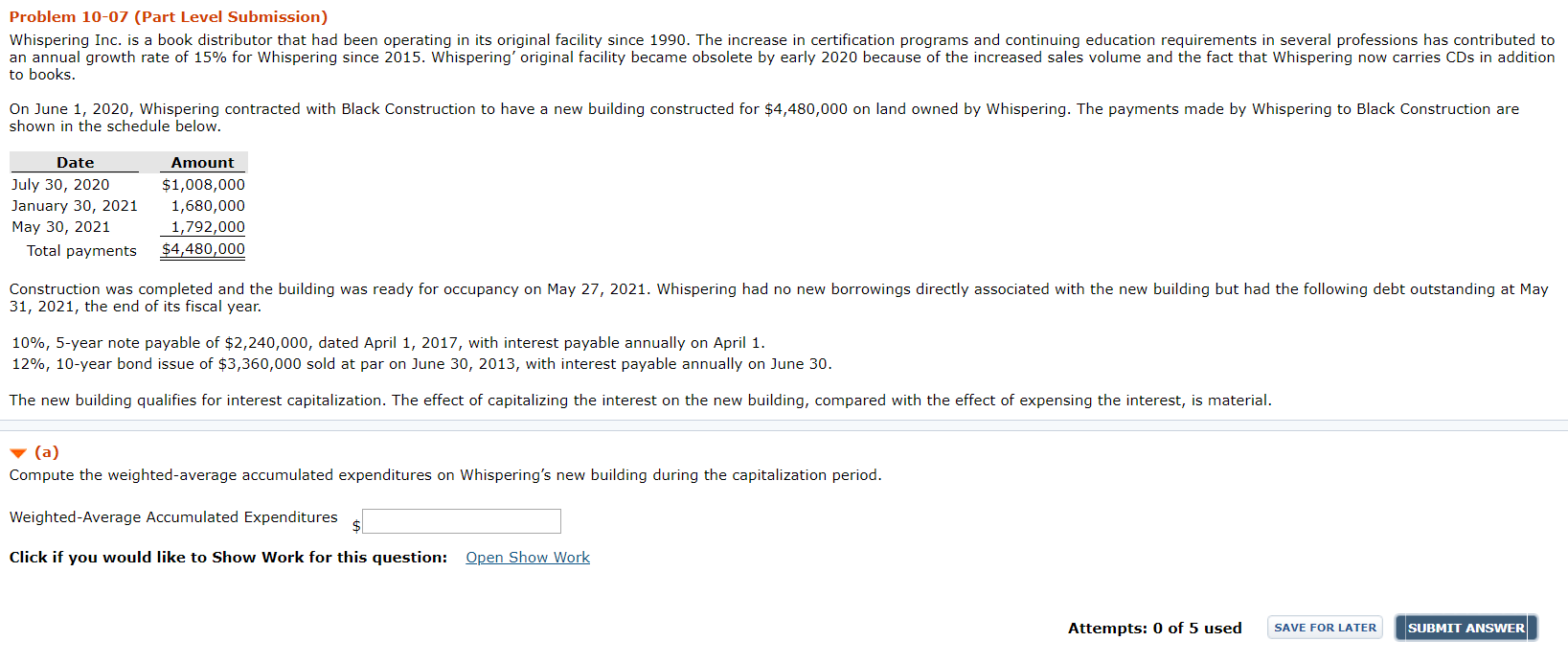 Problem 10-07 (Part Level Submission) Whispering Inc. is a book distributor that