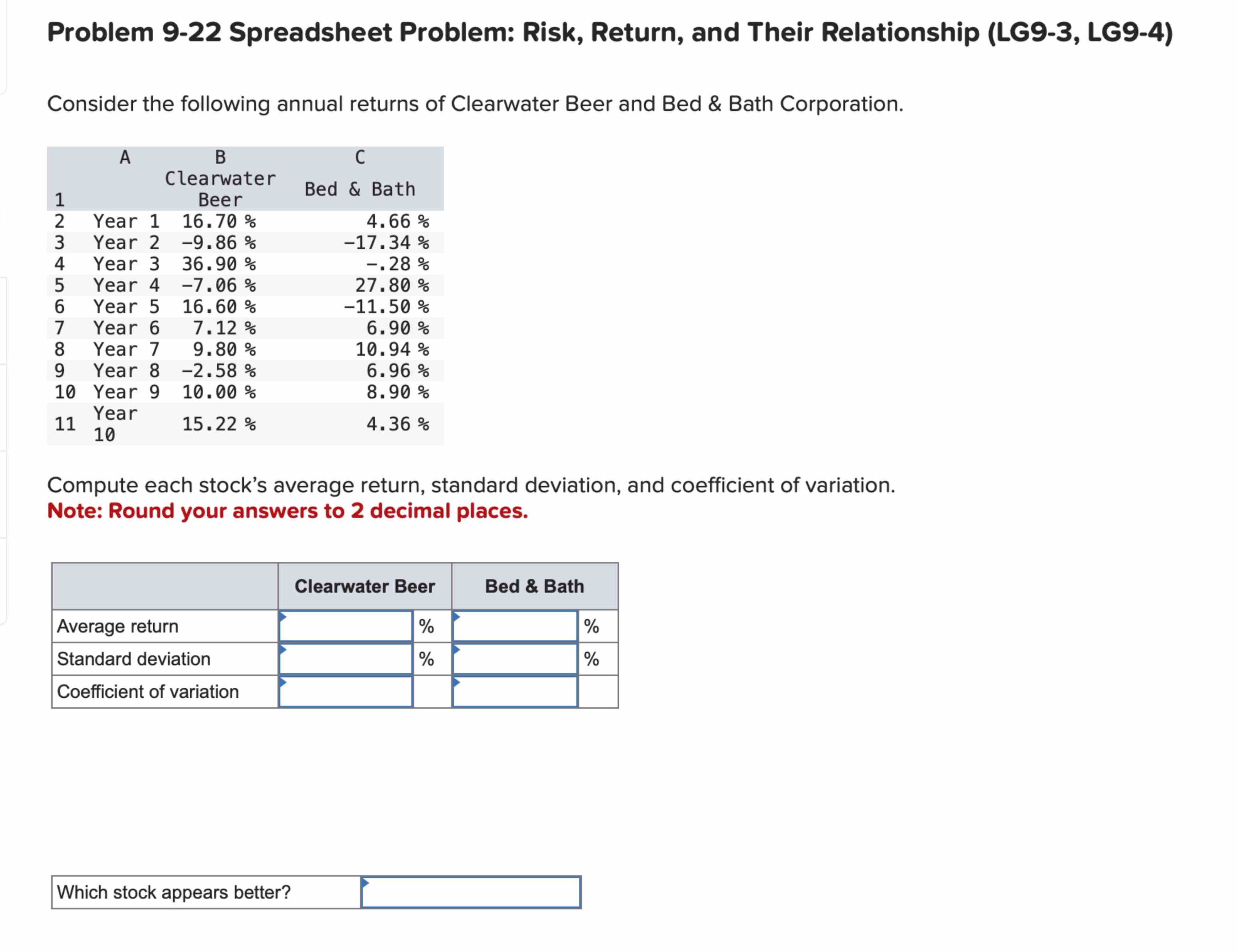  Problem 9-22 Spreadsheet Problem: Risk, Return, and Their Relationship (LG9-3, LG9-4)