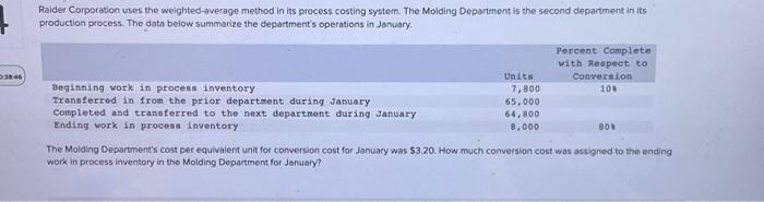  0:38:46 Raider Corporation uses the weighted-average method in its process costing