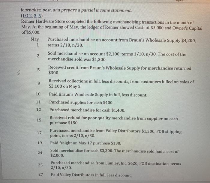  5 9 Journalize, post, and prepare a partial income statement (LO