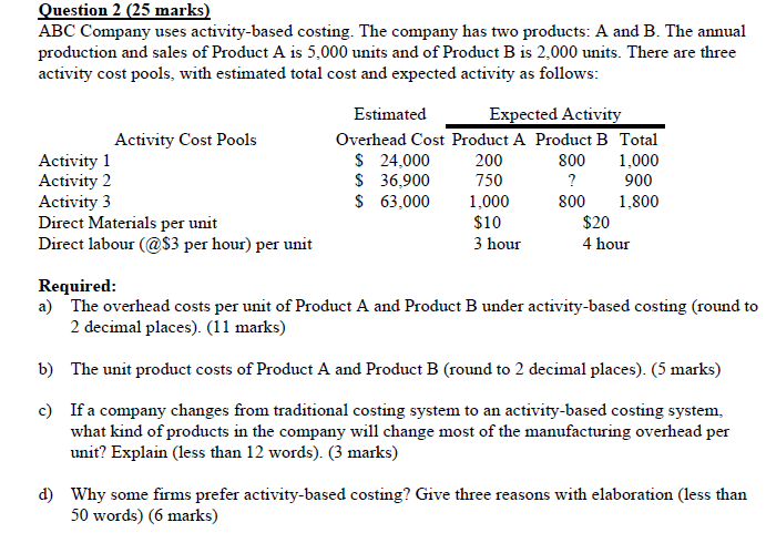  Question 2 (25 marks) ABC Company uses activity-based costing. The company