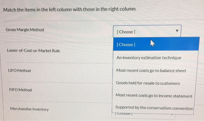 Match 1st column with one in the drop down. Match the items