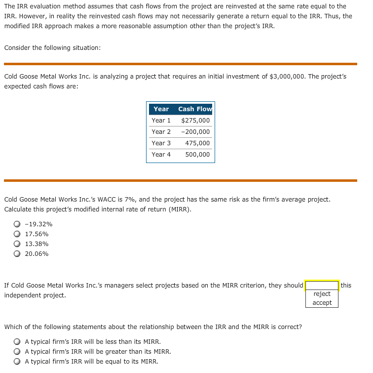 The IRR evaluation method assumes that cash flows from the project