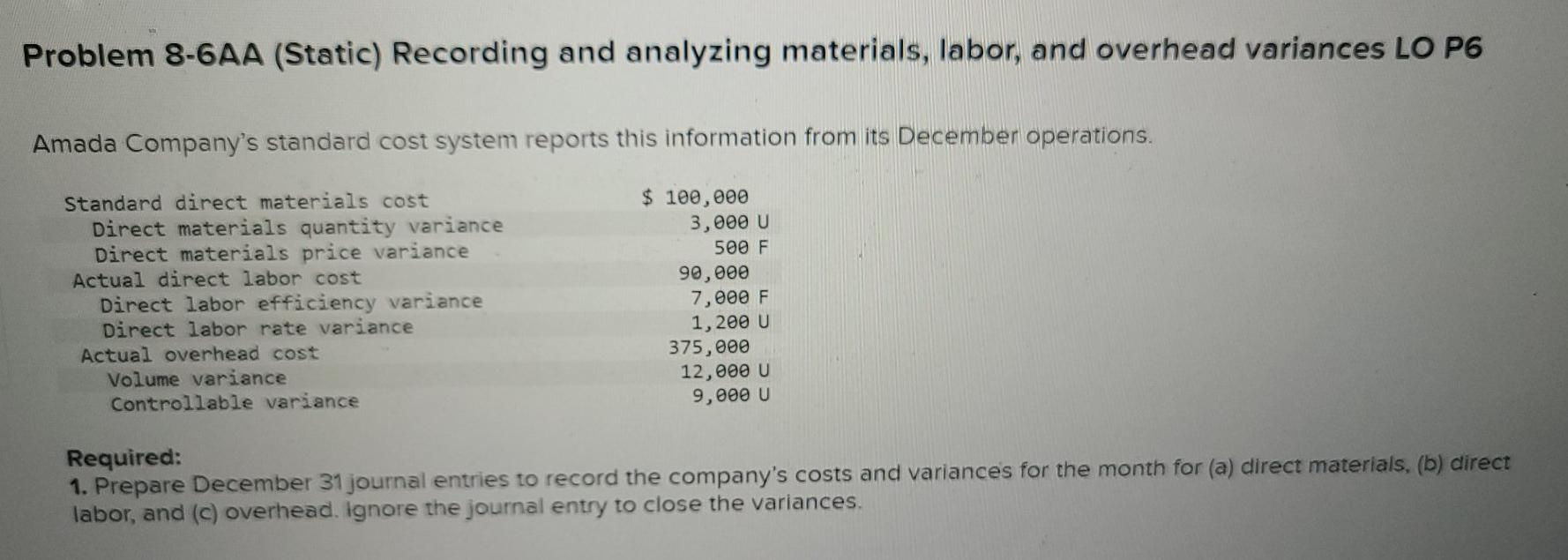  Problem 8-6AA (Static) Recording and analyzing materials, labor, and overhead variances