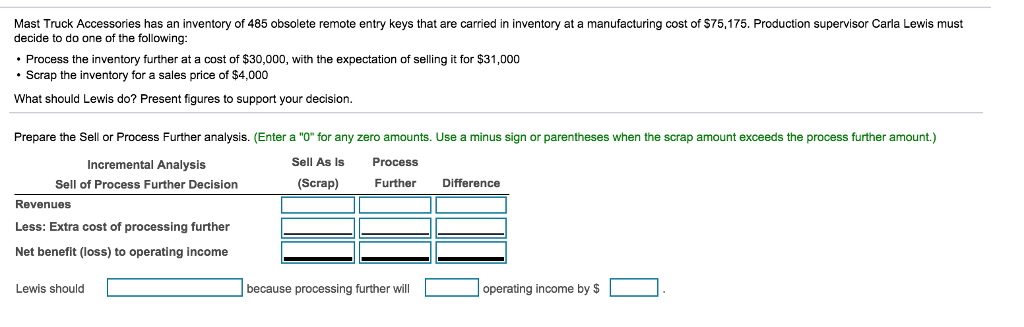 SELL AS SCRAP, / FURTHER PROCESS INVENTORY, DECREASE / INCREASE Mast Truck
