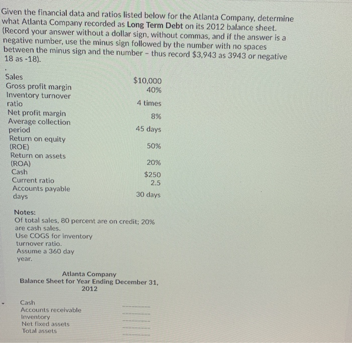  Given the financial data and ratios listed below for the Atlanta