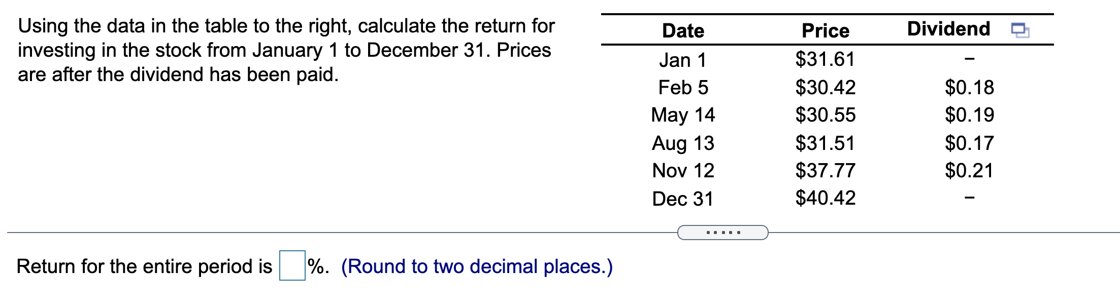 CH11/q6 Date Dividend Using the data in the table to the right,