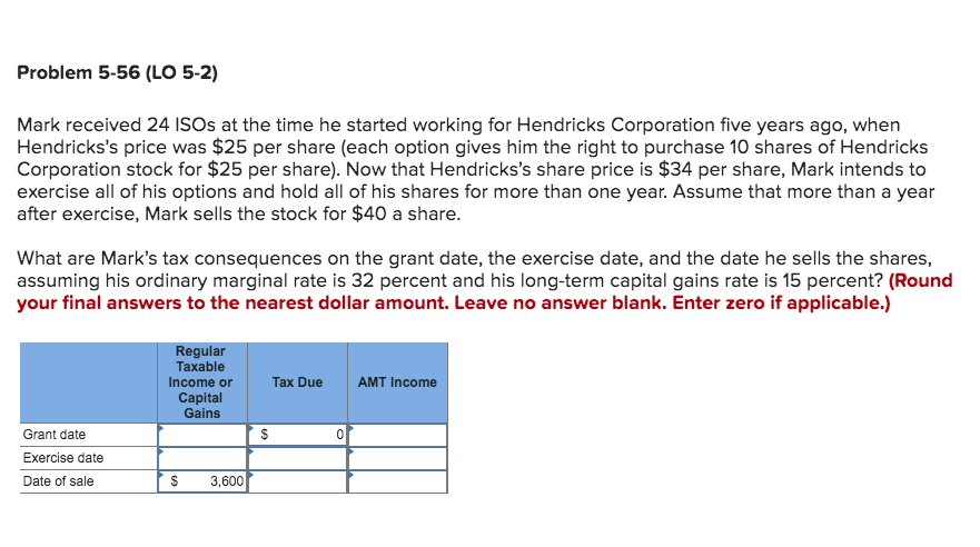 Problem 5-56 (LO 5-2) Mark received 24 ISOs at the time