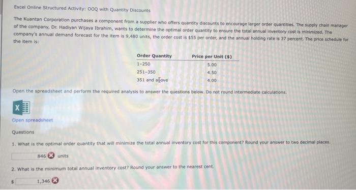  Excel Online Structured Activity: 00Q with Quantity Discounts The Kuantan Corporation