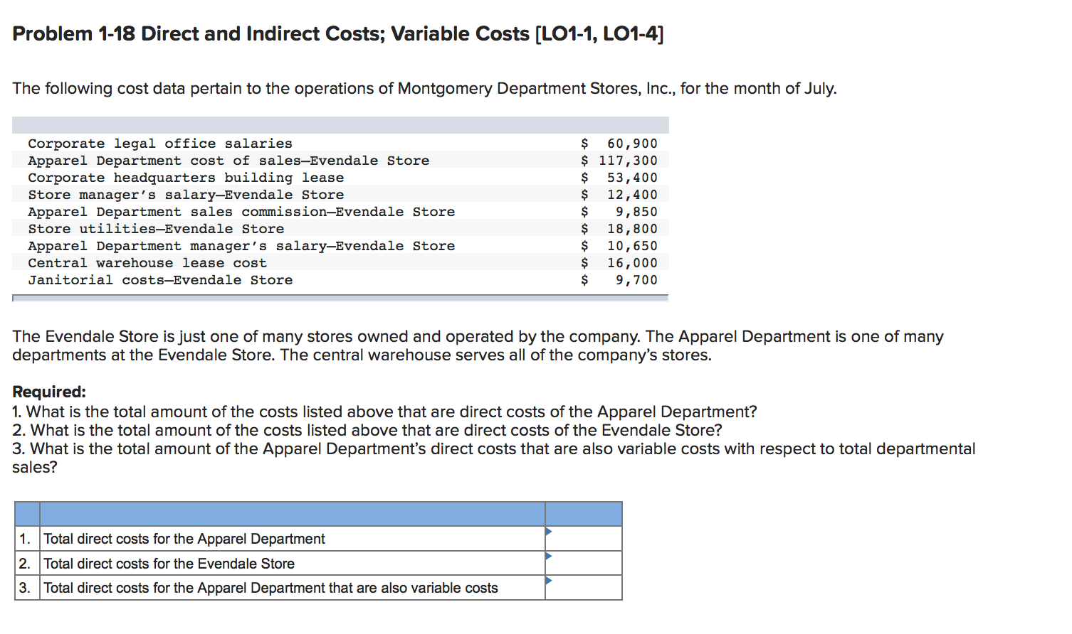 plzz help Problem 1-18 Direct and Indirect Costs; Variable Costs [L01-1, LO1-4]