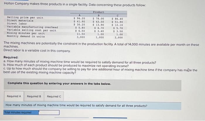  Holton Company makes three products in a single facility. Data concerning