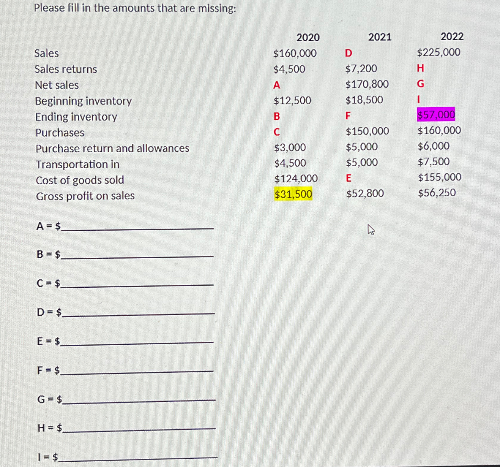  Please fill in the amounts that are missing: \table[[,2020,2021,2022],[Sales,$160,000,D,$225,000 