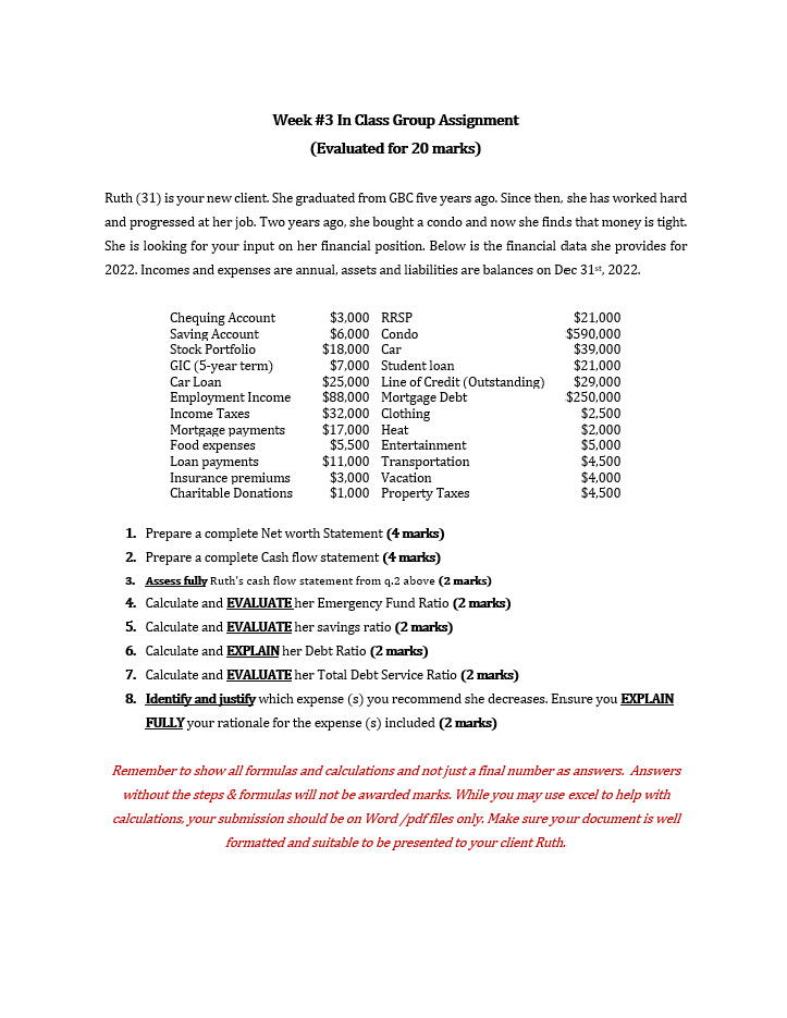  Week #3 In Class Group Assignment (Evaluated for 20 marks) Ruth