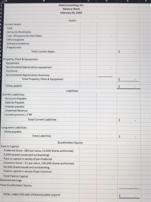 trial balance D 1 2 3 DAVIS CONSULTING Adjusted Trial Balance 2/28/20X2