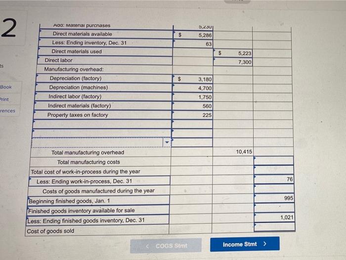 Depreciation (Machines Direct labor Direct materiale purchased Indirect labor (Factory) Indirect materials
