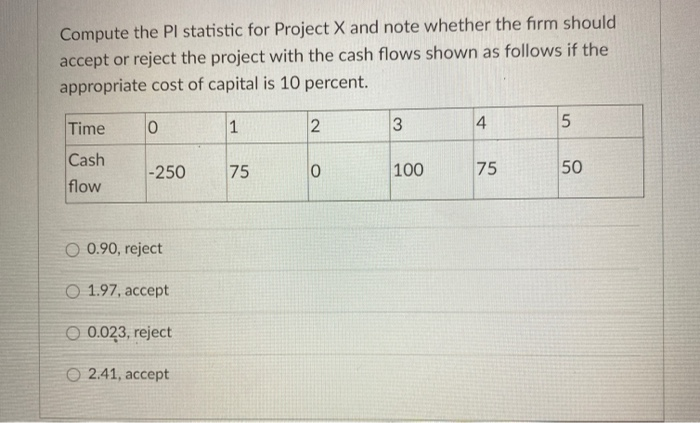  Compute the PI statistic for Project X and note whether the