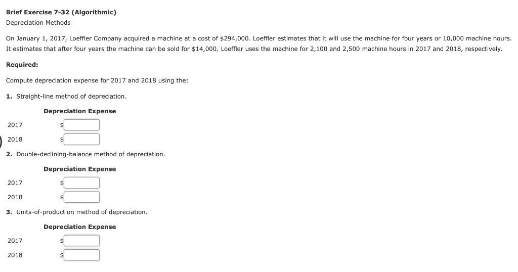  Brief Exercise 7-32 (Algorithmic) Depreciation Methods On January 1, 2017, Loeffler