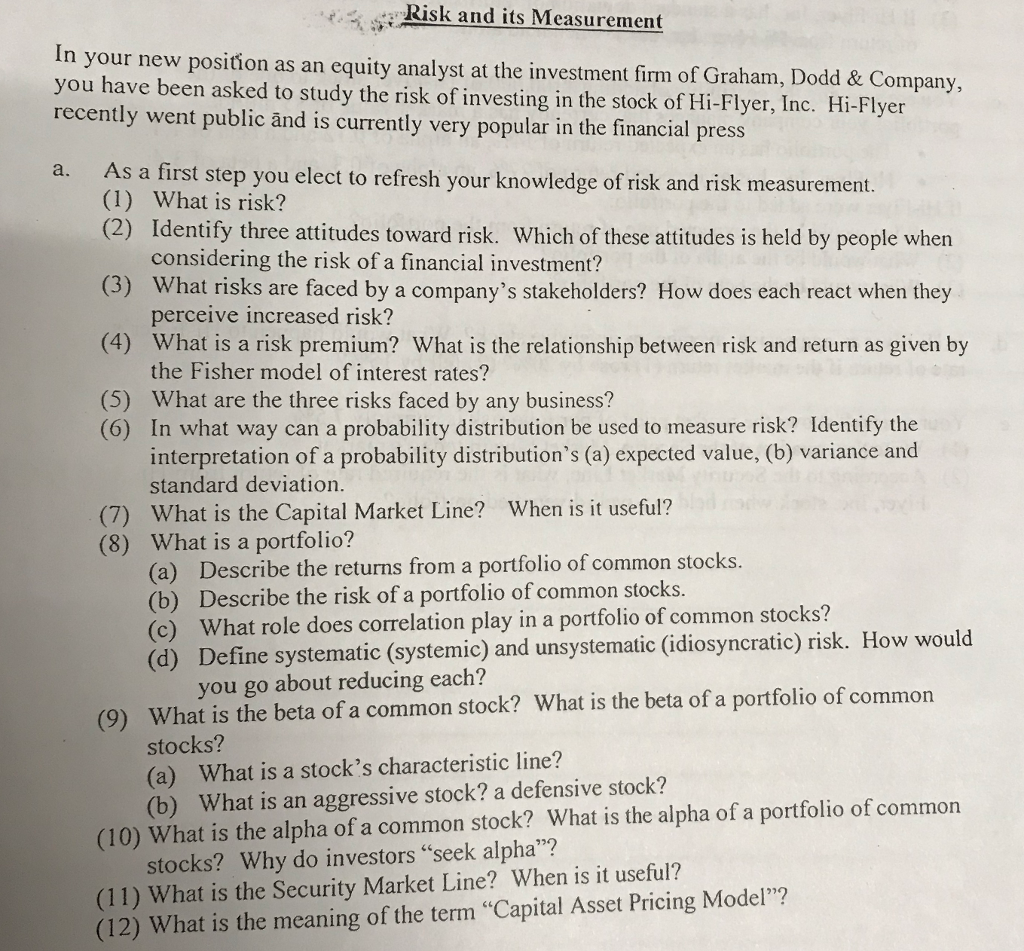 Please answer this "Risk and its Measurement" conceptual question(a) and address each