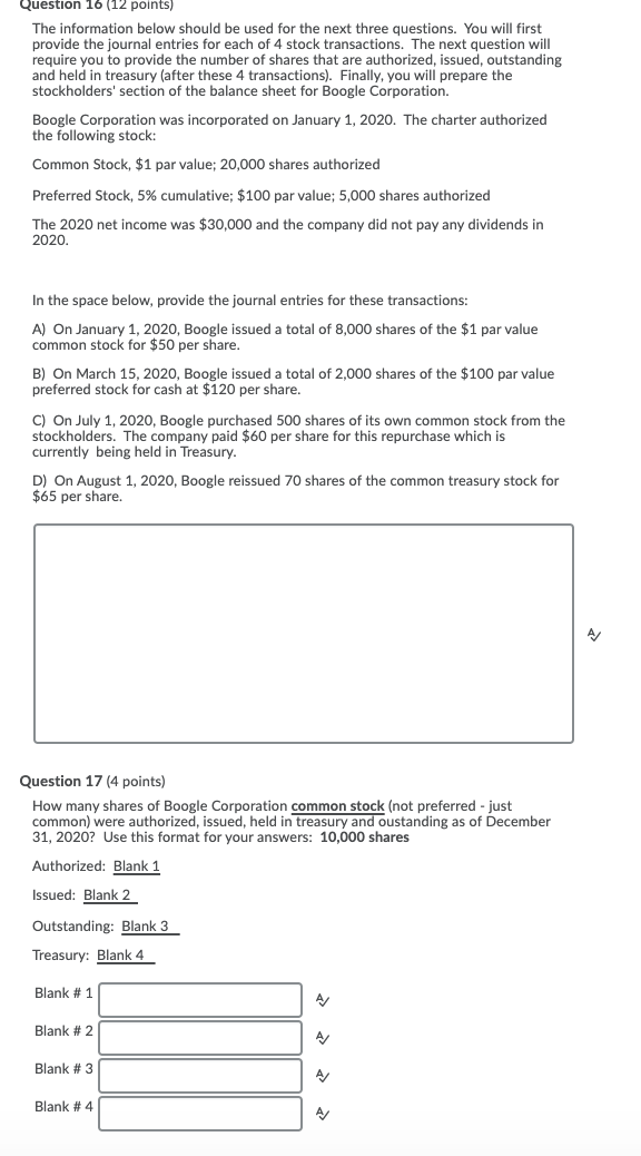 Question 16 (12 points) The information below should be used for