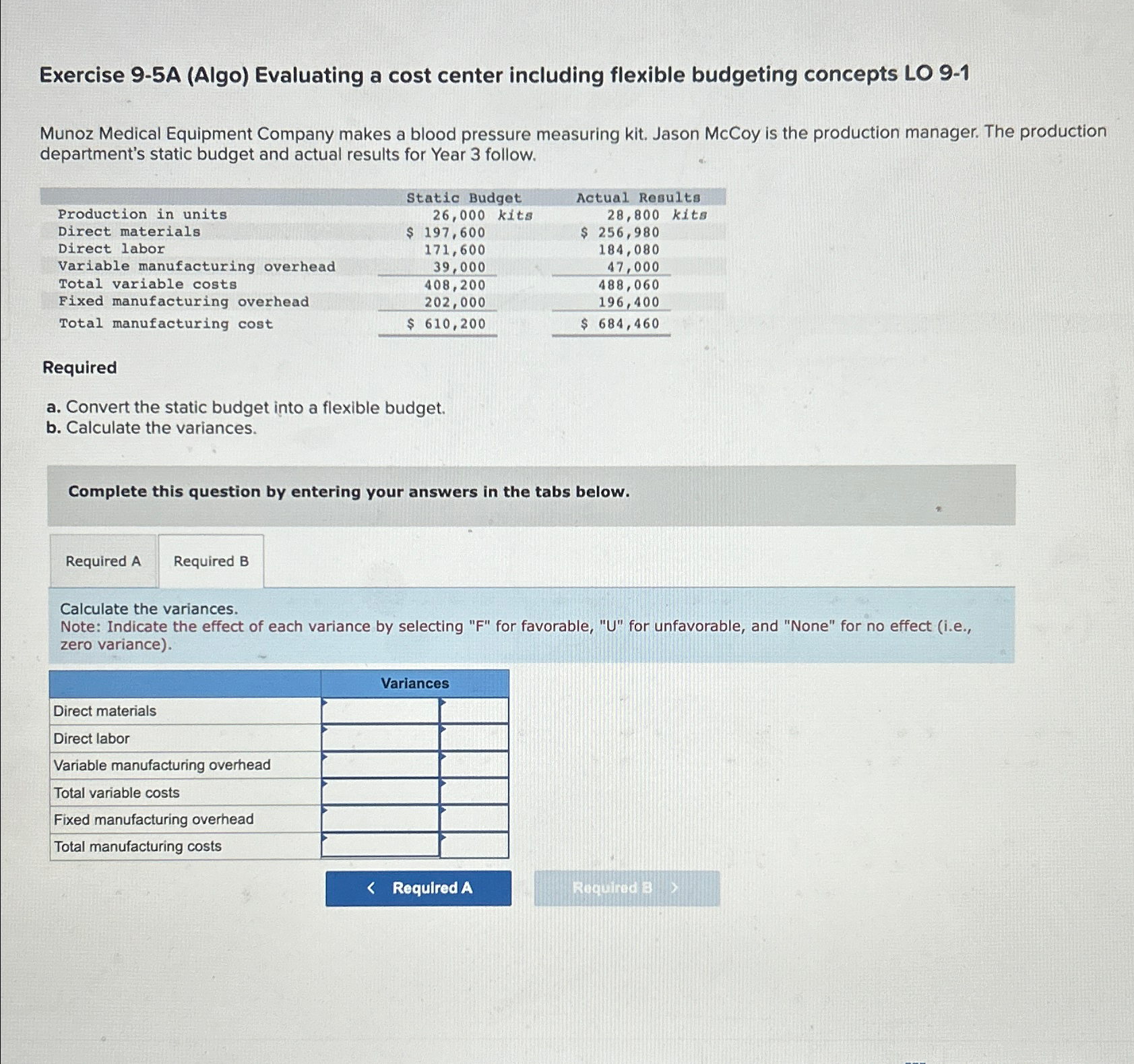  Exercise 9-5A (Algo) Evaluating a cost center including flexible budgeting concepts