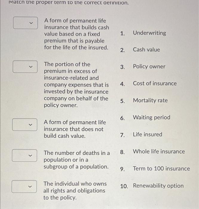  match the proper term to the correct definition. A form of