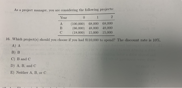  As a project manager, you are considering the following projects: Year