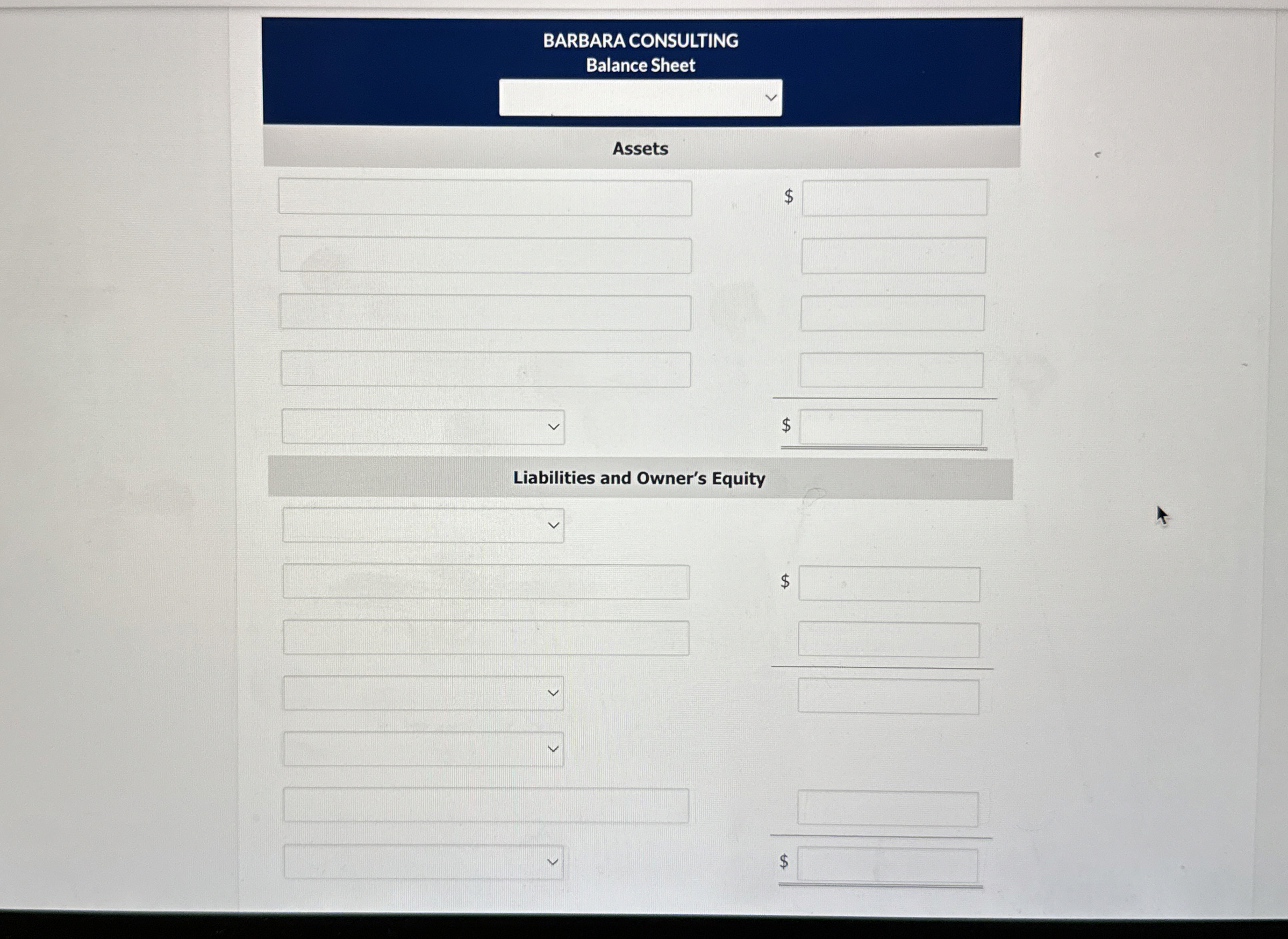  BARBARA CONSULTING Balance Sheet Assets $ $ = $ 
