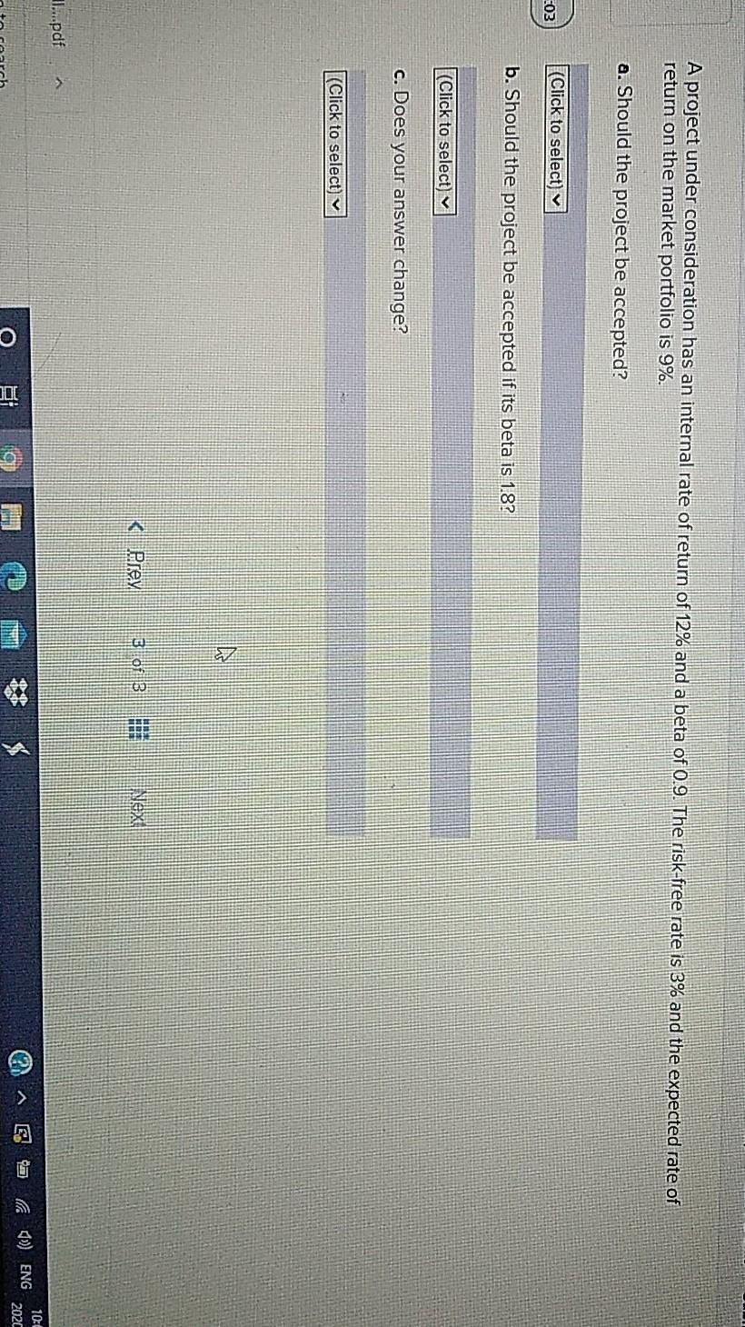  A project under consideration has an internal rate of return of