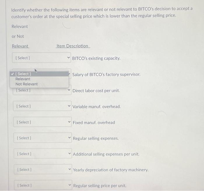  Identify whether the following items are relevant or not relevant to