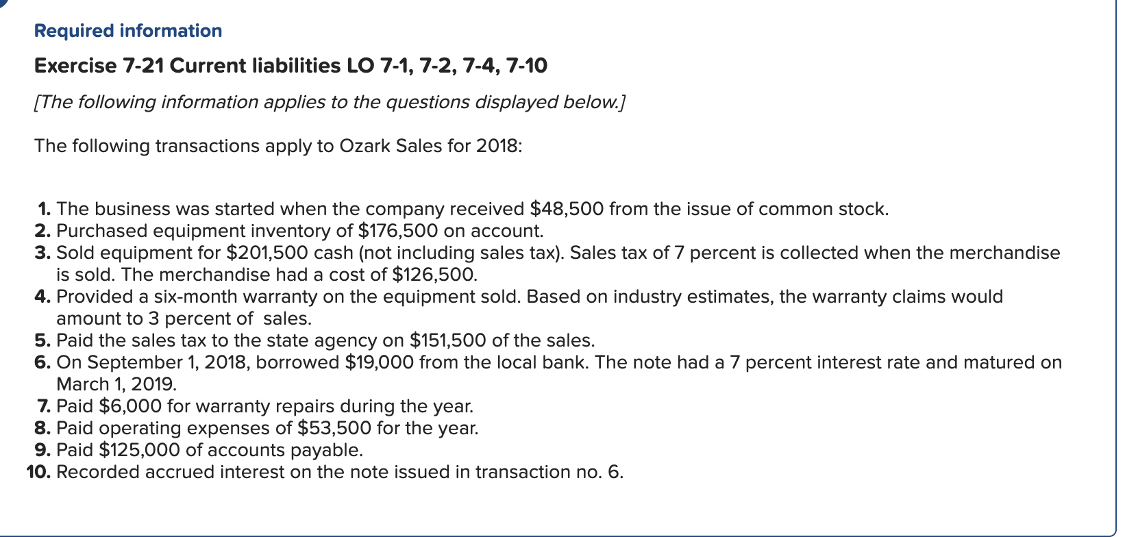 Required information Exercise 7-21 Current liabilities LO 7-1, 7-2, 7-4, 7-10