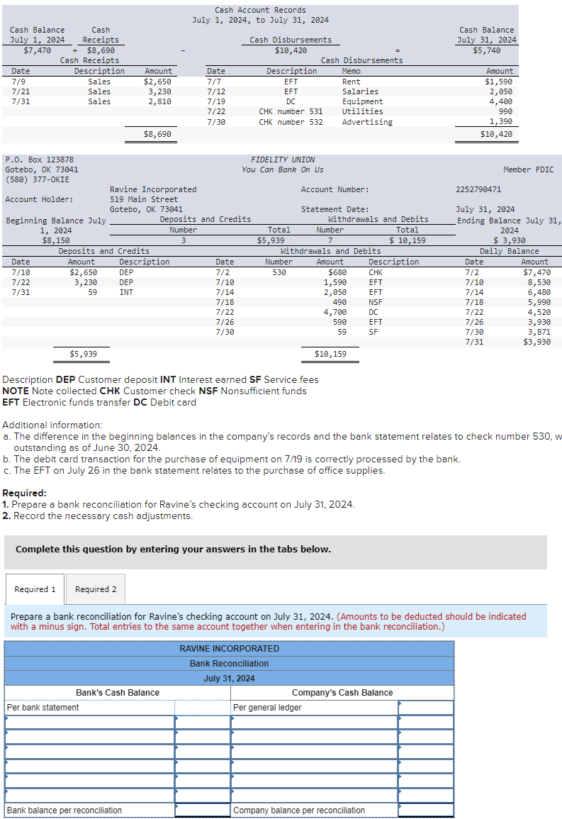  Options for $ entry description: Checks outstanidng, Company error, Deposits outstanding,