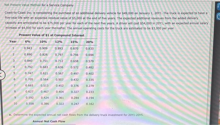  Net Present Value Method for a Service Company Coast-to-Coast Inc. is