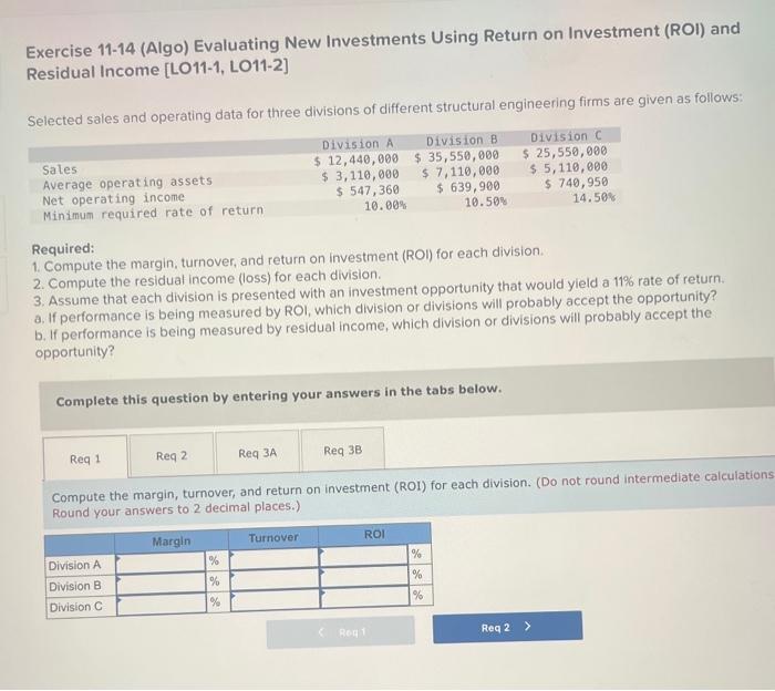  help asap Exercise 11-14 (Algo) Evaluating New Investments Using Return on