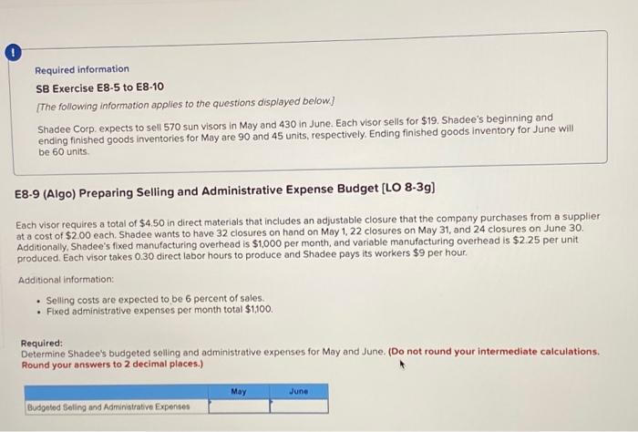 Required information SB Exercise E8-5 to E8-10 The following information applies