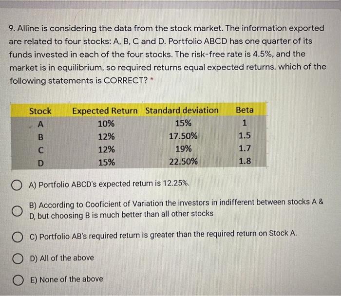 number 9 9. Alline is considering the data from the stock market.