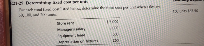  E21-29 Determining fixed cost per unit For each total fixed cost