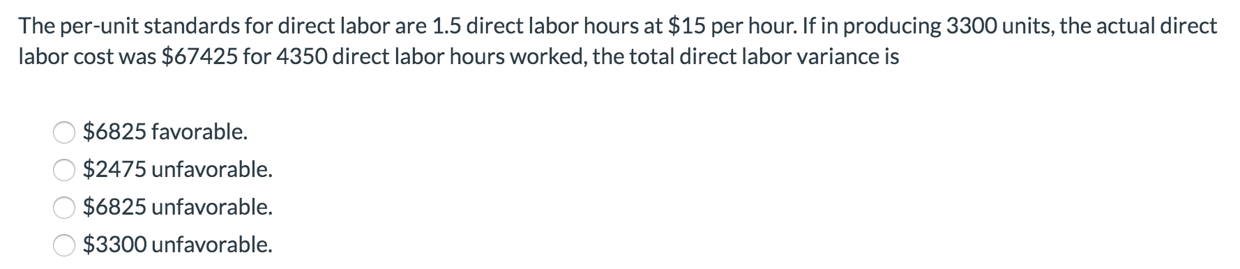  The per-unit standards for direct labor are 1.5 direct labor hours